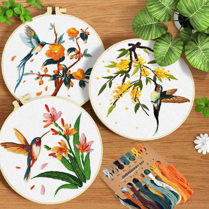 ERKOON 3 Sets Embroidery Kit, Hummingbird Cross Stitch Set for Include Embroidery Cloth Hoops Threads for Craft Lover Hand Stitch (Hummingbird)