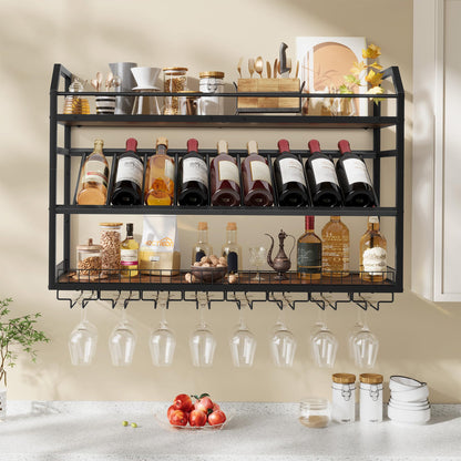 Hoctieon Wall Mounted Wine Rack, 31.5" Wall Wine Rack for Display and Storage, Hanging Bottle Holder, for Living Room, Dining Room, Bar, Wine Cellar, Rustic Brown