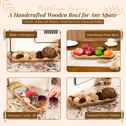 Kondito Wavy Edge Wooden Dough Bowl for Decor 16" L Lightweight Paulownia Wood Hand Carved Decorative Wooden Farmhouse Fruit Bowl Handmade, Home Decoration Centerpiece, Table Display Bowl