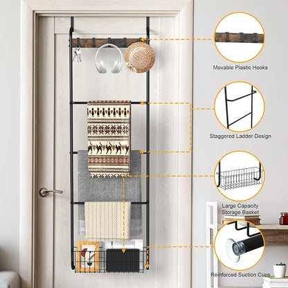 Over The Door Towel Rack,5-Tier Over Door Towel Racks for Bathroom,Towel Rack with Hooks and Basket Door Hanging,Blanket Ladder for Living Room Black