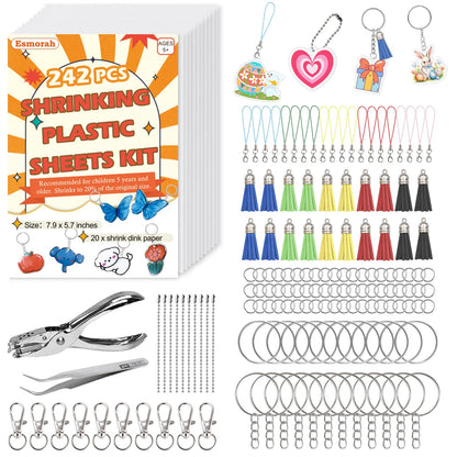 Esmorah 242PCS Shrink Dink Keychain Kit - Shrink Plastic Sheets with 20pcs Shrink Paper Sheets+Tools, DIY Heat Shrink Art Kit for Keychains, Rings, Charms & Crafts for Kids & Adults Creative Projects