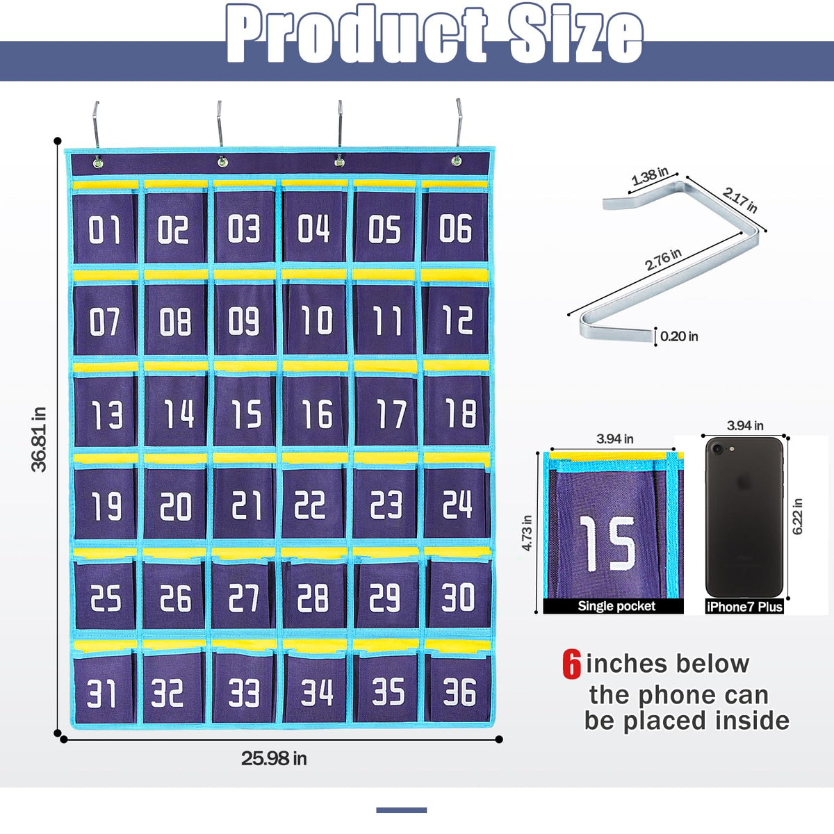 Loghot Classroom Accessories Closet Pocket Chart for Cell Phones Holder Wall Door Hanging Organizer (36 Pockets Blue)