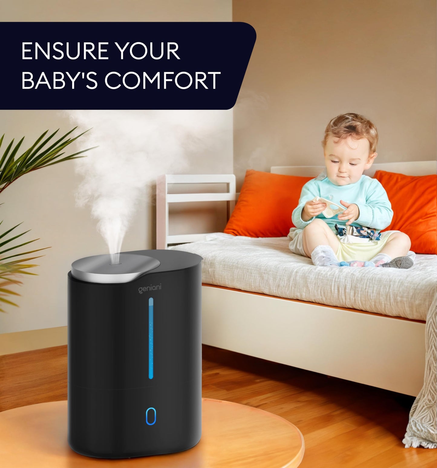 GENIANI Ultrasonic Cool Mist Humidifier for Bedroom, Large Rooms, Home, 4L - Easy Fill & Clean Humidifier for Plants w/Auto Shut-off, 40H Runtime - Quiet, Top Fill Air Humidifier