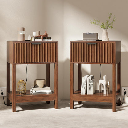 Nasonet Night Stand Set 2, Fluted Nightstand with Charging Station, Wood Bedside Table with Drawer & Storage Shelf, Modern End Tables for Bedroom Sofa Couch Office, Walnut