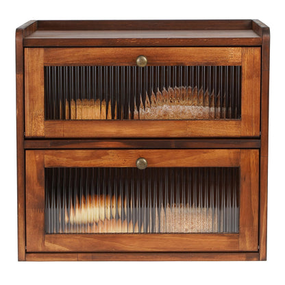 Sunhoo Double Layer Bread Box (L14.4in*W9.4in*H13.4in/Brown) and Single Wooden Bread Storage(L14.37in*W9.25in*H8.66in/Yellow) Rustic Bread Keeper Farmhouse Food Organizer Pantry Shelf Acrylic Window