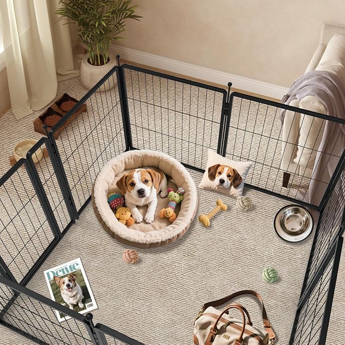 Dog Playpen 36 inch 12 Panels for Indoor & Outdoor Use – Heavy-Duty Metal Pet Fence with Ground Stakes, Rounded Ball Tops for Safety, Stable & Foldable Design, Easy to Assemble