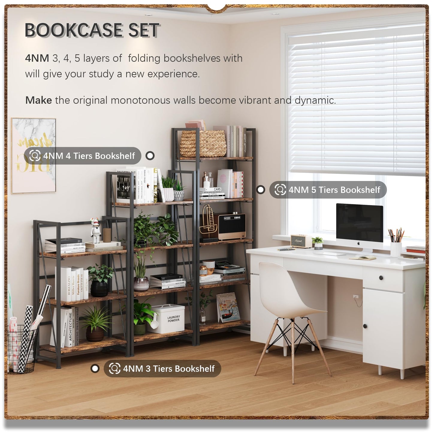 4NM No Assembly Folding Bookshelf, 5-Shelf 62.2" H Collapsible Foldable Bookcase Storage for Small Spaces, Rustic Brown and Black