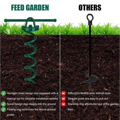 FEED GARDEN 12.2 Inch Spiral Ground Anchors Heavy Duty Screw in Spiral Stakes 4 Pack Folding Ring Ground Stakes for Securing Dogs,Tents, Trampolines, Canopies, Swing Sets,Green