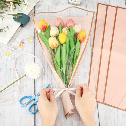 50PCS Flower Wrapping Bags for Bouquets 17 x 11in Pink Floral Bouquet Packing Sleeves with Ribbon Plastic Flower Bouquet Sleeves for Mother's Day Valentine Wedding Birthday Graduation Florist Supplies