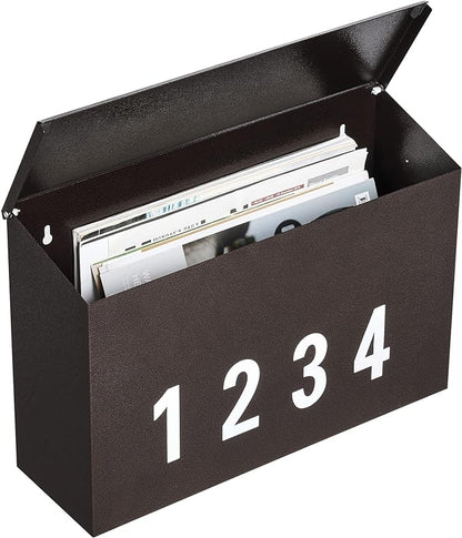 LAND·VOI Wall-Mount Mailbox with One Flag Kit and Three Sets of 0-9 Mailbox Number Stickers, Galvanized Steel Rust-Proof Metal Post Box, Mailboxes for Outside, 4.33" Dx14.2 Wx10.43 H, Bronze