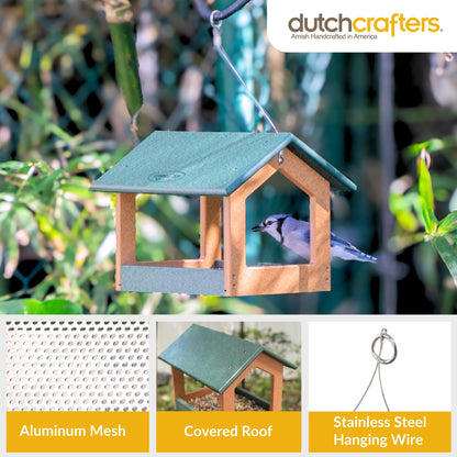 DutchCrafters Amish USA Made Recycled Plastic Large Hanging Modern Fly Through Covered Roof Open Platform Tray Bird Feeder for Outdoors, Garden, Yard (Turf Green & Bright Cedar)