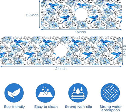 Kitchen Sink Splash Guard Faucet Mat Blue Floral and Hummingbird Absorbent Fast