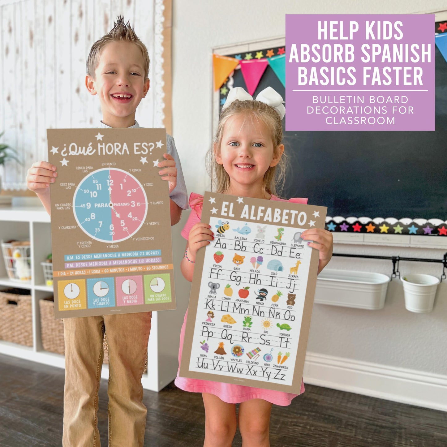 Hadley Designs Spanish Posters for Classroom - 12 Bilingual Educational Posters for Spanish Classroom Decorations Must Haves, Calendario y Alfabeto en Español Para la Pared, Kraft Teacher Supplies