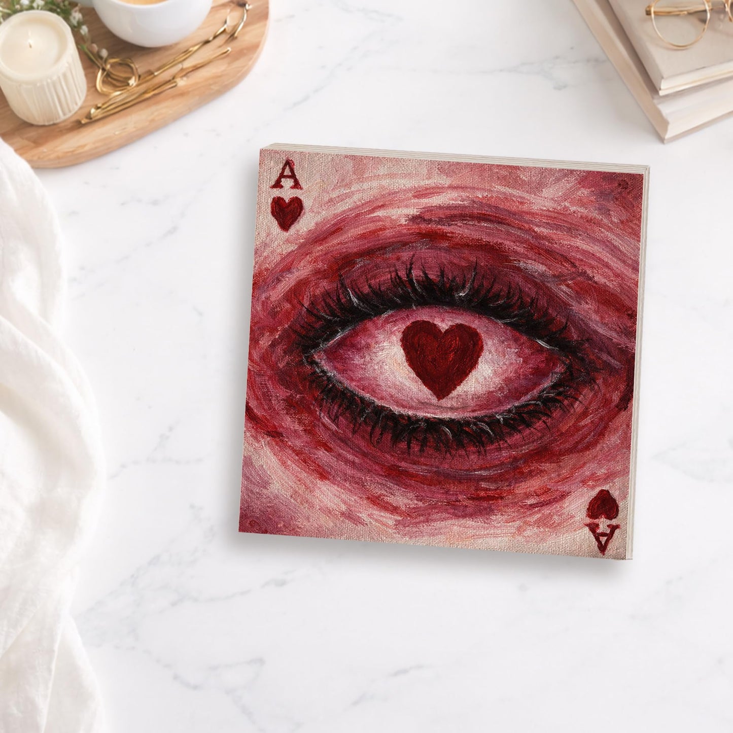 Surreal Eye Wooden Block Sign, Heart Eye Art Painting, Playing Card Heart Dark Romantic Symbolic Decor Shelf Sitter, Artistic Home Table Mantel Tiered Tray Unique Gift