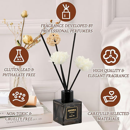 Black Glass Bottle Scent Diffuser, 1.7 oz Reed Diffuser with Sticks, Home Fragrance for Bookshelf, Bedroom Vanity, Office Desk & Bathroom Decor, Air Freshener for Aesthetic Room Decor (Bluebell)