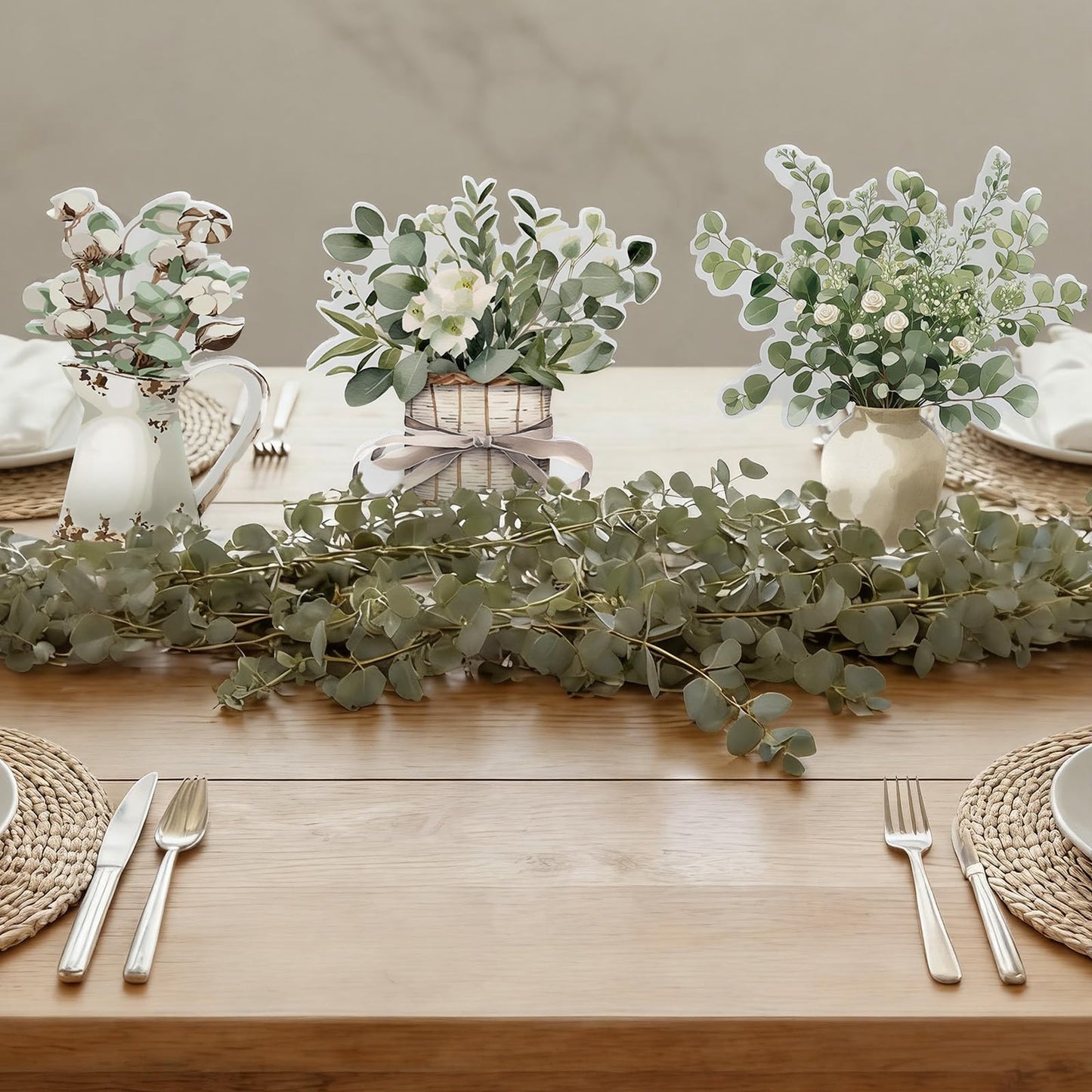 BrightRow 3 Pcs Eucalyptus Table Decor Retro Sage Green Centerpiece for Tiered Tray Floral Block Tabletop Signs for Home Plaque Housewarming Gift