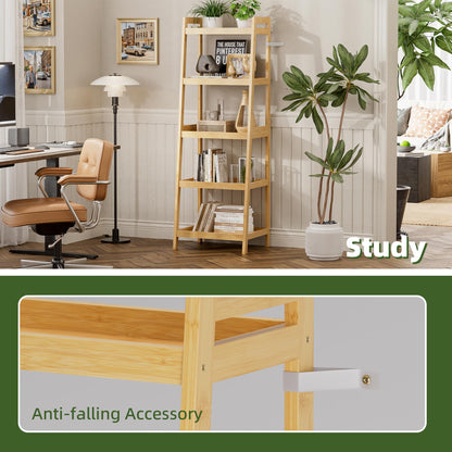 vovala Bookshelf, 5 Tier Ladder Bookcase with Bamboo Frame, Freestanding Tall Narrow Display Plant Shelf for Living Room, Kitchen, Bedroom, Balcony, Natural