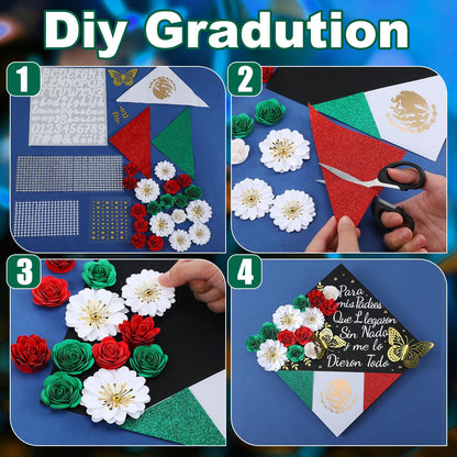 Humyoun 44 Pcs DIY Graduation Cap Decorations Kit, Mexican Graduation Stole Sash Flower Heads 3D Butterfly Stickers Glitter Rhinestones Pearl Stickers Alphabet Letter Number for Grad Cap Topper Gift