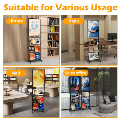 lesolar Floor-Standing Magazine Rack with Poster Board Stand, 4-tier Metal Magazine Rack with Wheels, Newspaper Holder, Book Brochure Display Stand, Poster Sign Holder for Exhibitions Store Business