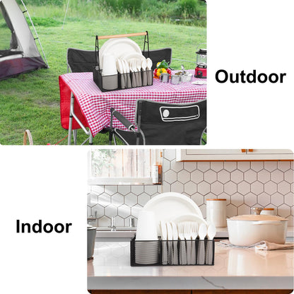 Paper Plate Organizer with Handle for Countertop, Metal Silverware Caddy for Cup, Napkin, Fork and Spoon, Paper Plate and Utensil Holder, Cutlery Caddy for Party, Camping, Picnic (Black)