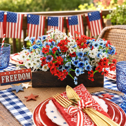 Red Wihte and Blue Flower Centerpieces for Table, 4th of July Artificial Flower Decorations 18Pcs UV Resistant Faux Violet Bouquet with Wooden Tray Patriotic Indoor Home Decor Living Room Kitchen