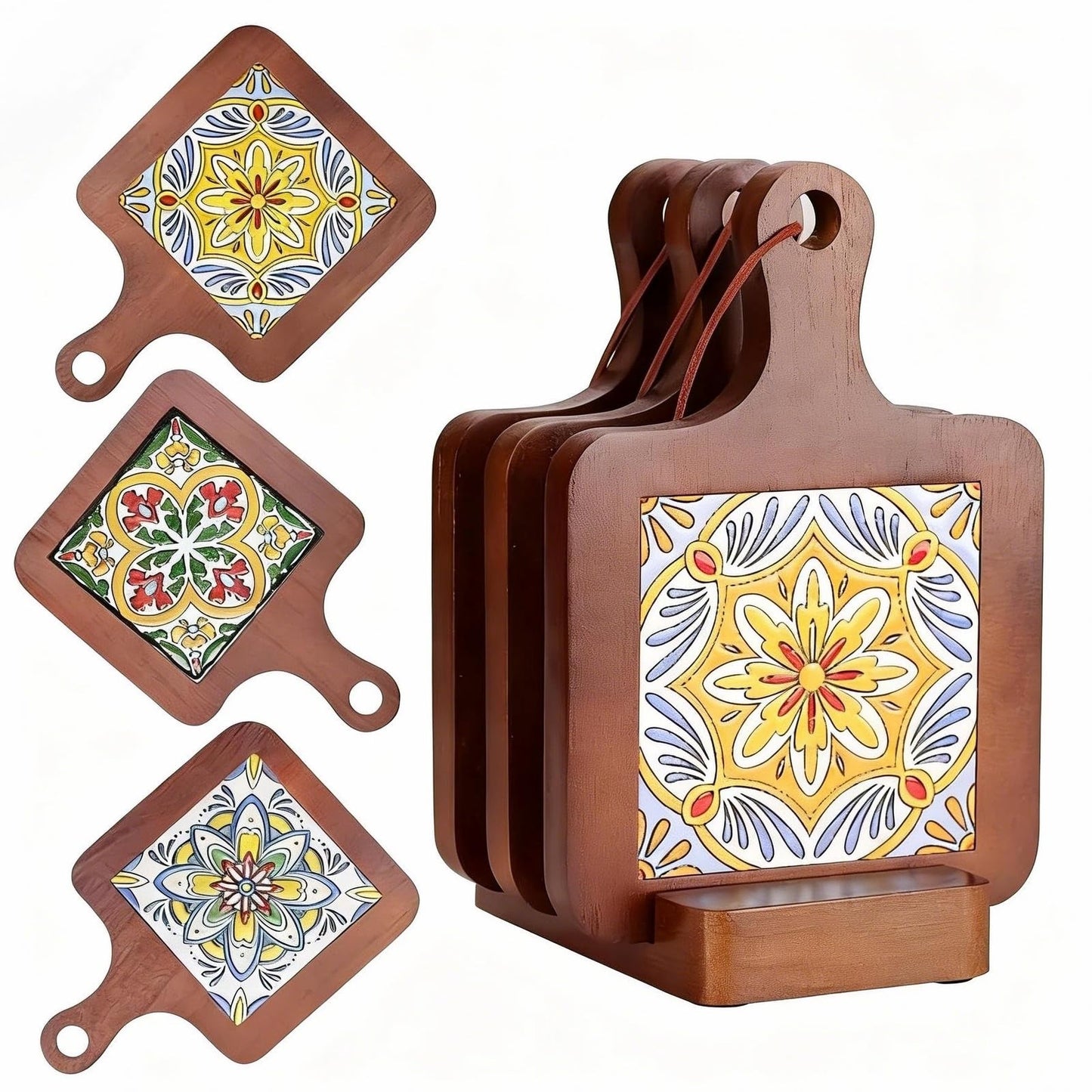 Wooden Trivets for Hot Dishes，3-PCS Set of Wooden Non-Slip Coasters with Stand,Base is Also a Cell Phone Holder,hot Pads for Kitchen，Trivets for hot pots and Pans,Hot Pad to Portect Your Countertop