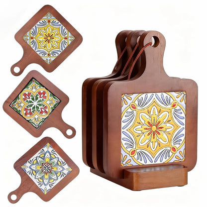 Wooden Trivets for Hot Dishes，3-PCS Set of Wooden Non-Slip Coasters with Stand,Base is Also a Cell Phone Holder,hot Pads for Kitchen，Trivets for hot pots and Pans,Hot Pad to Portect Your Countertop