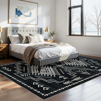 Joydeco Moroccan 5x7 Western Black and White Rugs for Living Room, Washable Soft Aztec Rug for Bedroom, Low Pile Distressed Modern Carpet for Dining Room Playroom Office Home Decor