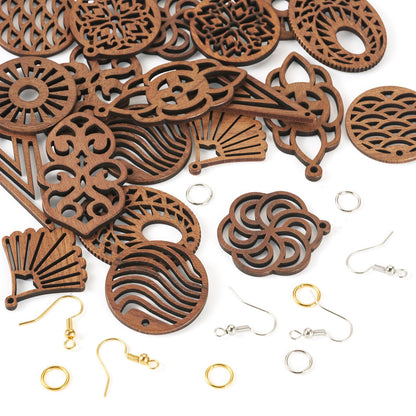 Elecrelive 10 Pairs Wooden Dangle Earring Making Kit Teardrop Oval Flower Leaf Shapes Natural Wood Earring Blanks with Hooks for DIY Craft Jewelry Making
