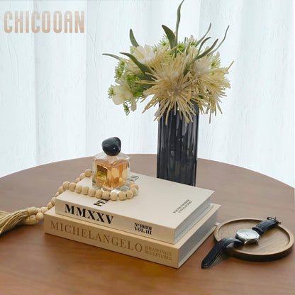 Chicooan 4-in-1 Decorative Books Set, Coffee Table Books Decor, 2 Linen Fake Book Boxes with Wood Tray, Bead Garland for Decoration, Bookshelf Boho Neutral Aesthetic Decor