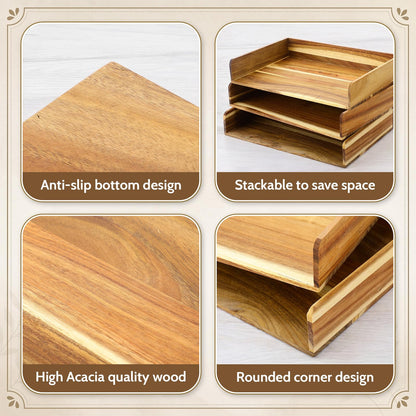 Novabright 6 Pcs Stackable Paper Organizer Tray Acacia Wood Desk Organizer Letter Tray Desktop Letter Size Office Wooden Desk Shelf Paper Holder Folder Organization Rack for File Document (Acacia)