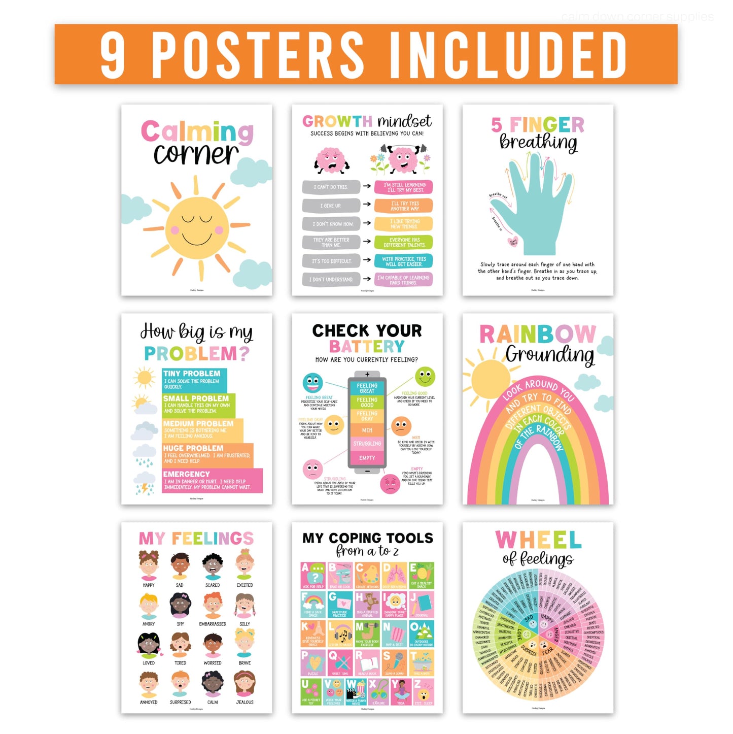 Hadley Designs 9 Calming Corner Posters for Classroom Must Haves - Calm Down Corner Supplies with Emotions Chart, School Counselor Mental Health Poster, Feelings Chart For Kids, Pastel Classroom Decor