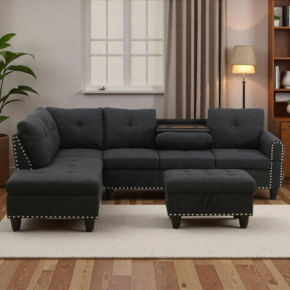 Trygoal 3-Piece L-Shaped Modular Sofa – Convertible Sectional Couch with Movable Chaise & Storage Ottoman, Multi-Scene Use for Living Room, Apartment & Office, Black Grey