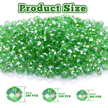 WILLBOND 600 Pcs Crystal Glass Beads for Jewelry Making Bulk Suncatcher Faceted Rondelle Loose Gemstone for Valentine's Day, Irish Holiday, Easter Bracelet DIY Crafts 8mm, 6mm, 4mm(Green)