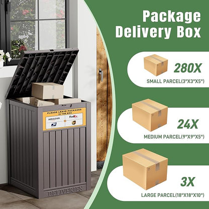 Outdoor Package Delivery Box with Lockable Secure and Sign, Resin Waterproof Outdoor Package Drop Container for Backyard, Garden, Patio & Lawn, Brown with Sign