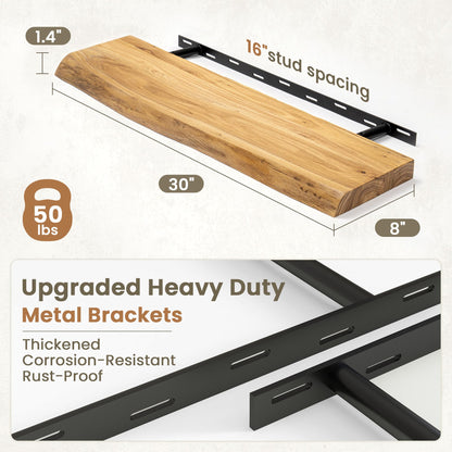Fun Memories Solid Elm Wood Live Edge Floating Shelves for Wall, 30 x 8 Inch Rustic Wall Shelves Set of 2 with Invisible Brackets for Living Room Bedroom Kitchen, Natural