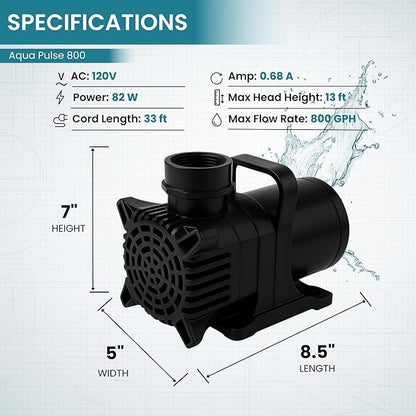 HALF OFF PONDS Submersible Water Pump, 800 GPH Pond Pump with 33FT Power Cord and 13FT Max Head, 82W Ultra Quiet Energy Efficient Pump for Koi Pond, Fountain, Waterfall, Water Garden, Skimmer