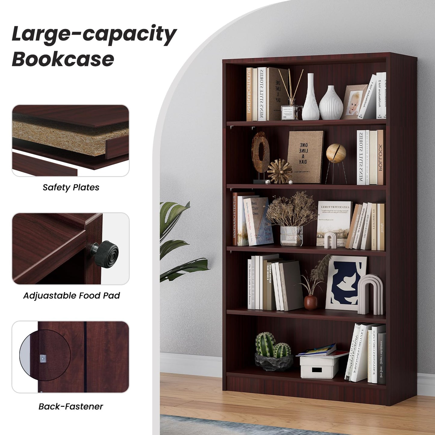 i-VTIES Bookcase Adjustable Storage Shelves,5-Tier Modern Wood Bookcase for Bedroom,60-Inch Bookshelf, Office, Living Room & Library(Mahogany)