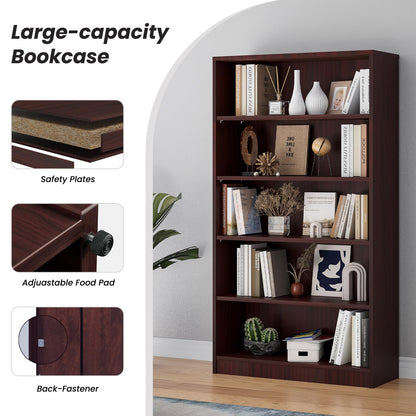 i-VTIES Bookcase Adjustable Storage Shelves,5-Tier Modern Wood Bookcase for Bedroom,60-Inch Bookshelf, Office, Living Room & Library(Mahogany)