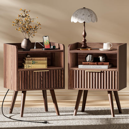 Huuger Nightstand with Charging Station, USB-C Port, Fluted Night Stand Set of 2, Bed Side Table with Drawer, Solid Wood Feet, Open Storage, End Table with Raised Edge, for Bedroom, Walnut