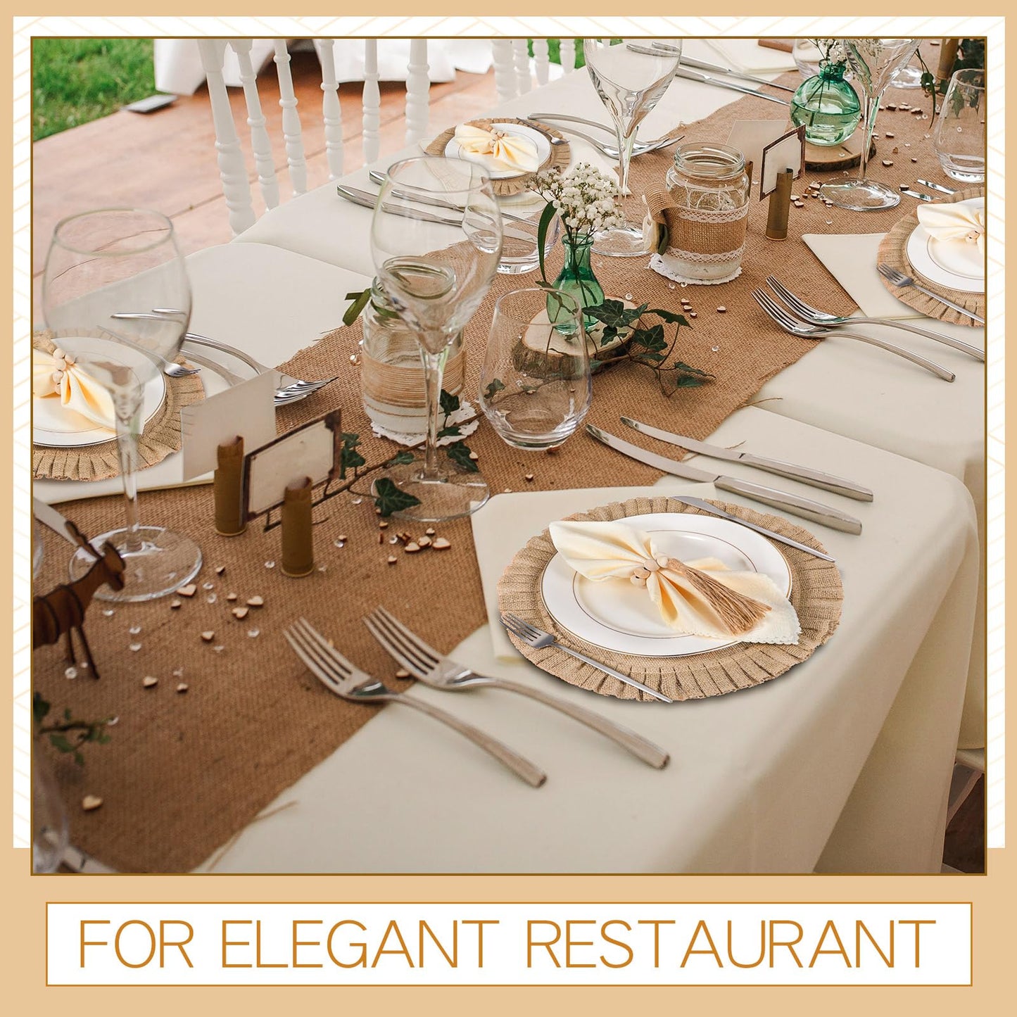 Gejoy 18 Pcs Round Burlap Placemats Wood Bead Napkin Rings with Dinner Napkins Cloth, Jute Heat Resistant Placemats Boho Wooden Rings for Plates Wedding Dining Table