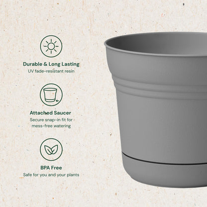 Bloem Saturn 7" Charcoal Round Resin Planter Pot with Snap-in Saucer for Indoor and Outdoor Gardening, 4-Pack