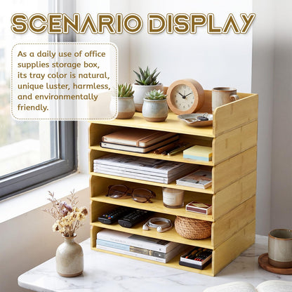 Novabright 6 Pcs Stackable Paper Organizer Tray Acacia Wood Desk Organizer Letter Tray Desktop Letter Size Office Wooden Desk Shelf Paper Holder Folder Organization Rack for File Document(Bamboo)