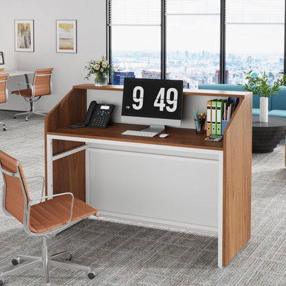Tribesigns Reception Desk with Counter, Modern Front Desk Reception Room Table with Cable Grommet, 47 inch Retail Counter for Checkout, Lobby, Beauty Salon, Home Office Desk, Walnut