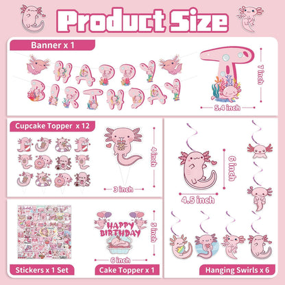 NeusWonder 120 PCS Axolotl Birthday Party Decorations Kit Axolotl Banner, Cake Topper, Cupcake Toppers, Hanging Swirls & Stickers Cute Axolotl Theme Party Supplies for Birthday, Party Decor