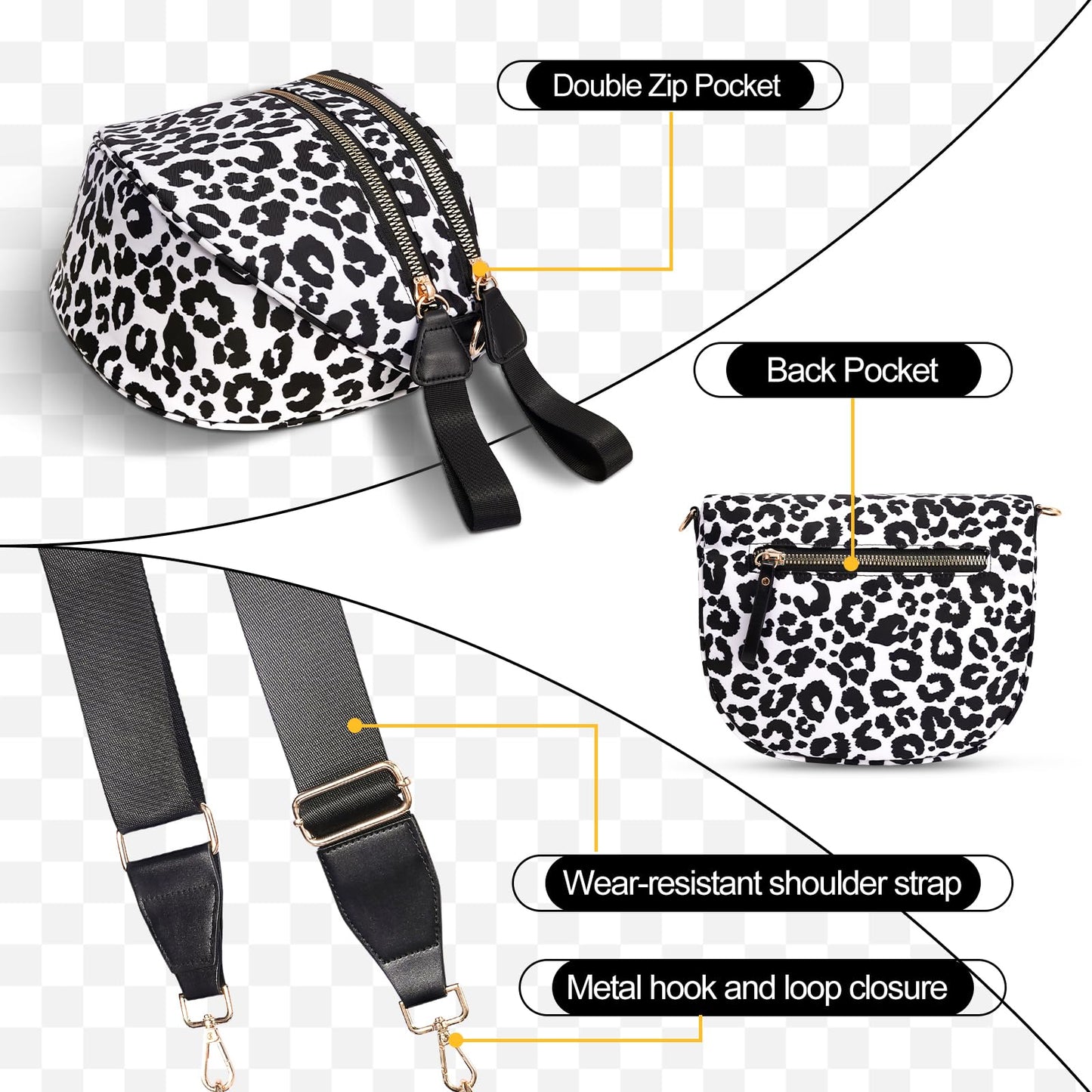 Checkered Crossbody Bag,Nylon Bum Bags for Women Crossbody,Spacious Sling Bag Purse Fanny Packs with Shoulder Strap