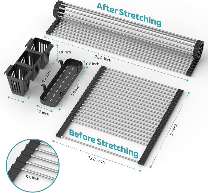 BBXTYLY Extra Large Black Expandable Roll Up Dish Drying Rack Up to 22.8''with 2 Storage Baskets,Over The Sink Kitchen Rolling up Dishes Drainer, Foldable,Rollable