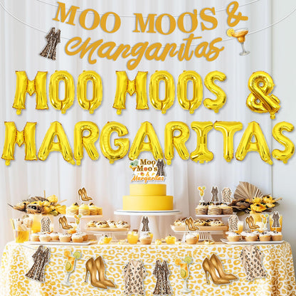 Moo Moos and Margaritas Decorations Gold Moo Moos & Margaritas Foil Balloon Banner Margarita Theme Cake and Cupcake Toppers Kit for Bachelorette Party Ladies Night Bridal Shower Birthday