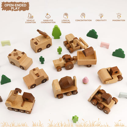 MONT PLEASANT Wooden Construction Vehicle Toy Set of 3, Toddler Montessori Toys Cement Truck Bulldozer Steam Roller Toy Car with Rolling Wheels, Kid Construction Toys Educational Gift for Boys & Girls