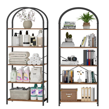 Homhedy 5-Tier Bookshelf Arched Display Racks, Wood and Metal Bookcase, Tall Bookshelf, Industrial Display Standing Shelf Unit, for Home Office, Living Room, Bedroom, Bathroom, Rustic Brown